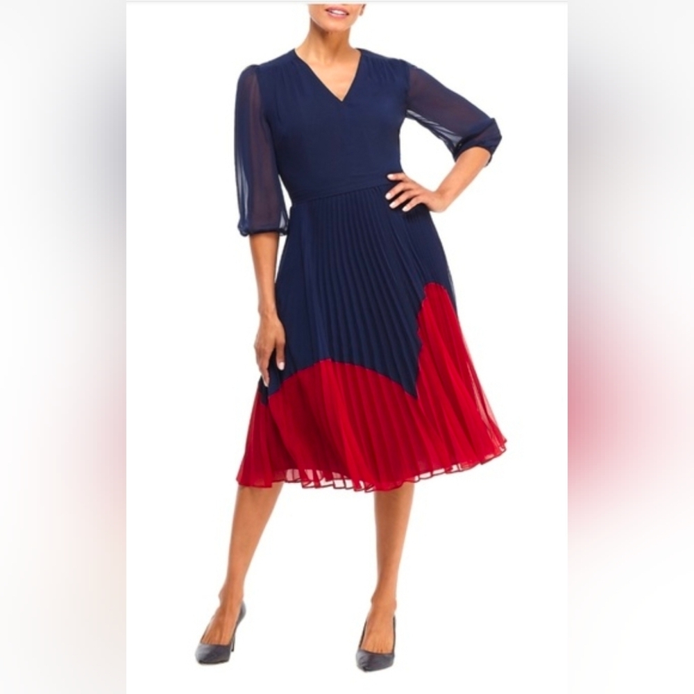 Maggy London Shea Navy and Red Colorblock Pleated Midi Dress - Size 16